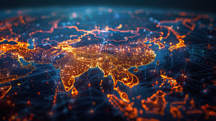 Canvas Print - a map of the world with a glowing orange line through it. the map is a representation of the interne