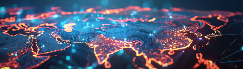 Canvas Print - a map of the world with a glowing orange line through it. the map is a representation of the interne