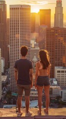 Wall Mural - A couple stands on a rooftop, looking out at the city skyline. AI.