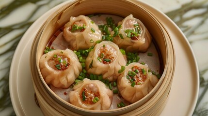 Poster - Juicy pork dumplings with garlic chives served in a traditional bamboo steamer