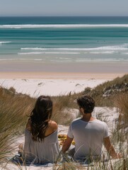 Canvas Print - Couple enjoying a picnic on the beach. AI.