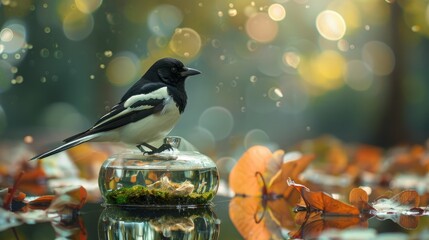 Wall Mural - Magpie perched on a small aquarium surrounded by colorful autumn leaves