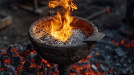 Traditional iron smelting process with flames and raw materials at a craft workshop