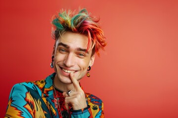 Distinctive young man shows off his colorful hair and confident charm. Young man exudes elegance his colorful hairstyle and confident smile. Exploration of contemporary style 