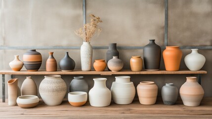 A collection of assorted ceramic vases and pots arranged on wooden shelves against a textured wall. The vases vary in shapes, sizes, and earthy tones.