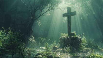 Wall Mural - A cross is standing in the center of an enchanted forest, light rays shine down on it from above.