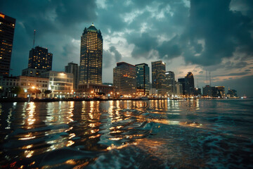 The citys skyline is beautifully mirrored in the water during th