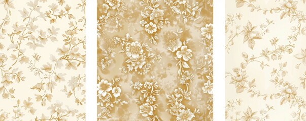 Wall Mural - An attractive set of geometric floral seamless patterns featuring a gold and white background with simple illustrations.