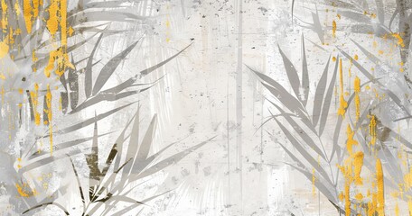 Wall Mural - Tropical leaves drawn on concrete grunge wall with floral background. Design for wallpaper, photo wallpaper, mural, card, postcard.