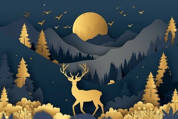 Wall Mural - The mural wallpaper depicts a forest or jungle with a christmas tree, mountain, deer, birds, and waves of gold. It is vintage and painted in dark blue and depicts a mountain, deer, birds, and waves