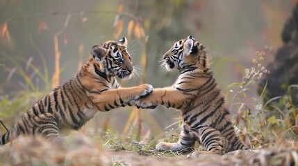 Wall Mural - Tiger cubs at national park practice fight by playing with each other