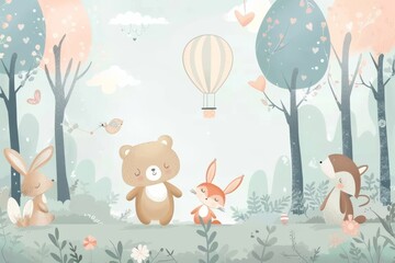 Wall Mural - Kids room wallpaper with animals and pastel colors. Animated digital art.