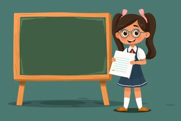 School girl student character vector. School girl student characters in happy face holding paper with high grade and writing in chalkboard for education related design. 