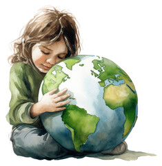 Canvas Print - PNG A little girl hugging a green globe sphere planet photography.