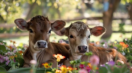 Wall Mural - Two pleasantly small baby cattle playing in the flowerbed