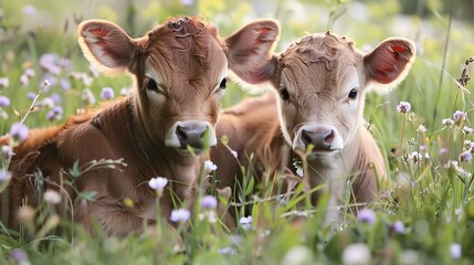 Wall Mural - Two pleasantly small baby cattle playing in the flowerbed