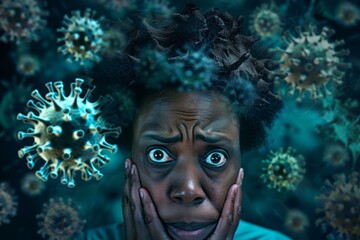 Wall Mural - Portrait illustrating overwhelming tension and vulnerability feeling isolated. Woman's face reveals deep concern and panic embodying dramatic intensity. Intensity of everyday emotions 