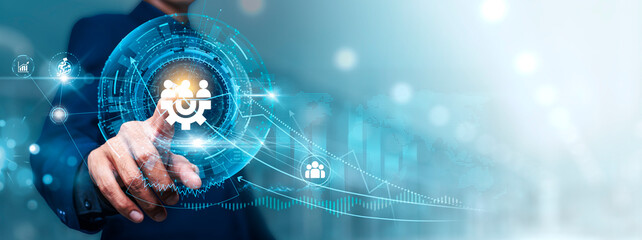 human resource: businessman touching connect to data information on cyberspace, talent acquisition, 