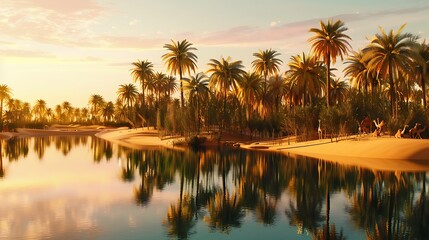 dates trees silhouetted against the sun setting over a lake with reflections in the water