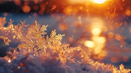 Wall Mural - Vibrant snowflakes with the setting sun and the water in the background