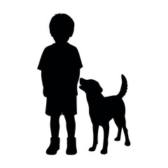 Sticker - A child stand with a dog vector silhouette, blak color silhouette, similar this image