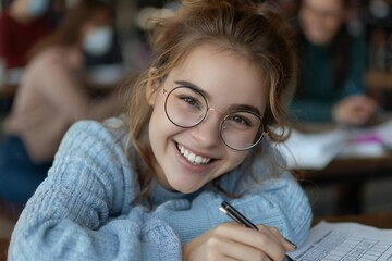 Fototapete - Beautiful woman with glasses smiling and laughing while filling out a survey form with a pen, looking at the questions with a focused expression, sitting at a desk.
