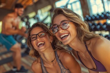 Two beautiful women in gym attire, one wearing glasses, smiling and laughing as they watch a fitness man doing pushon the hardwood floor.