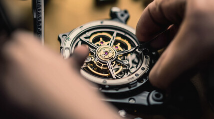 Artisanal watchmaker repairing a luxury timepiece. Close-up photography. Design for skilled craftsmanship, horological art, and precision mechanics concept