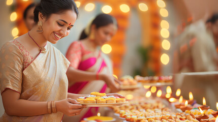 Elegant Woman Celebrating Diwali Festival with Traditional Sweets and Diyas