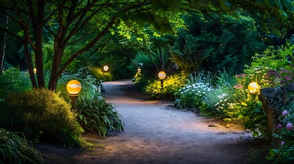 Wall Mural - A lovely garden path at evening light by tasteful garden lamps