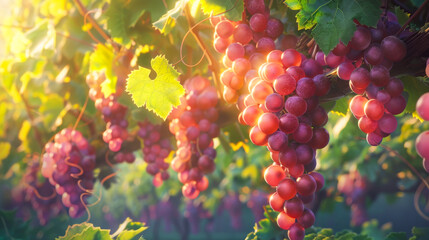 Wall Mural - Vineyard with Vibrant Grapes and Leaves. picturesque vineyard in full bloom, showcasing vibrant green leaves and clusters of ripe red grapes under warm sunlight, symbolizing beauty of wine cultivation