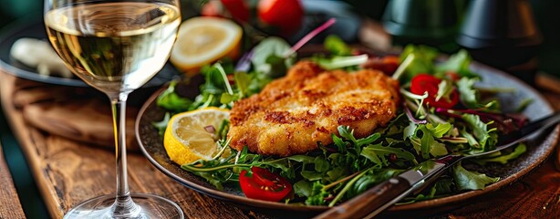 Wall Mural - fish cutlet with a tasty garden salad and a glass of crisp white wine on a rustic wooden table