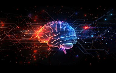 Wall Mural - abstract digital brain with circuitry and data streams, ai concept on black background in the style 