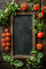 Wall Mural - A blackboard with a chalkboard border and a variety of fresh vegetables including tomatoes and basil. Concept of freshness and health, as well as the idea of a blank slate or a new beginning