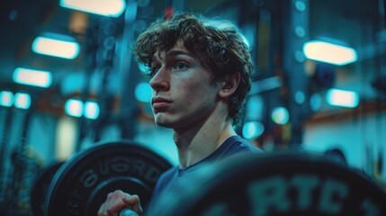 Wall Mural - A man lifts weights in a gym. AI.