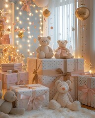 Wall Mural - Presents wrapped in pink and gold paper with toy bears. AI.