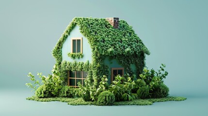 Sticker -   A house with plants as its walls, featuring greenery growing from the sides, against a light blue backdrop