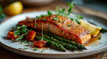 Wall Mural - salmon fillet with a crispy skin, served with roasted asparagus spears and lemon.