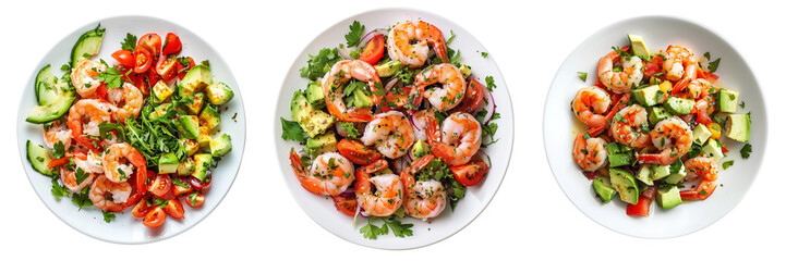 Wall Mural - Set of fresh and vibrant shrimp and avocado salad neatly arranged on a white plate isolated on a transparent background