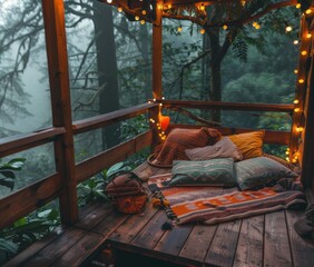 Poster - Cozy nook in the woods with string lights and comfy pillows. AI.