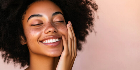 Wall Mural - Woman smiling while touching her flawless glowy skin