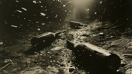 Poster -   A black & white image depicts a dirt road lined with rocks and debris beneath a lit sky