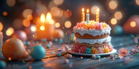 Sticker - A birthday cake with candles and confetti. AI.