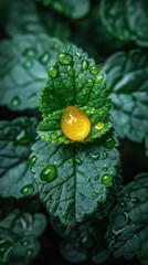 Poster - A single yellow raindrop sits on a green leaf. AI.