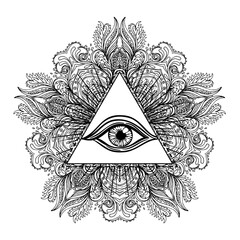 Sticker - All seeing eye in ornate round mandala pattern. Mystic, alchemy, occult concept. Design for music cover, t-shirt , boho poster, flyer. Astrology, shamanism, religion. Coloring book pages for adults.