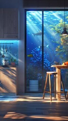 Canvas Print - A kitchen with a view of an underwater scene. AI.