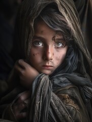 Canvas Print - A young child with a sad expression, wrapped in a blanket. AI.