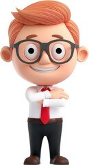 A cheerful cartoon character with glasses and a red tie, perfect for business-related designs and presentations.