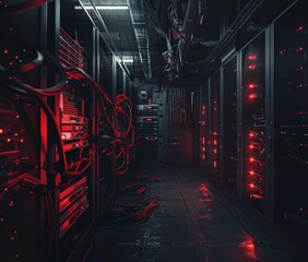 Sticker - A server room with rows of servers and red lights. AI.