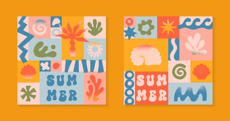 Wall Mural - vector summer illustrations with nature organic shapes,doodles.groovy boho palm,beach,surf,waves,sun
